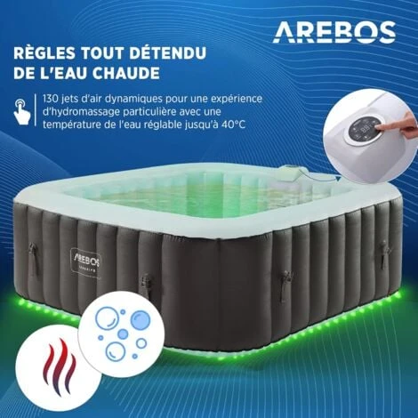AREBOS Spa Gonflable Gonflable Automatique 185x185cm 6 Personnes Bande Lumineuse LED 130 Jets De Massage 910 L 4 AREBOS Spa Gonflable Gonflable Automatique 185x185cm 6 Personnes Bande Lumineuse LED 130 Jets De Massage 910 L – Image 2