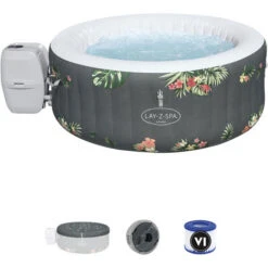 Spa Gonflable Bestway Lay-Z Aruba 110 Bulles AirJet 170x66 Cm Pour 3 Personnes Rond Gris Feuilles Tropicales